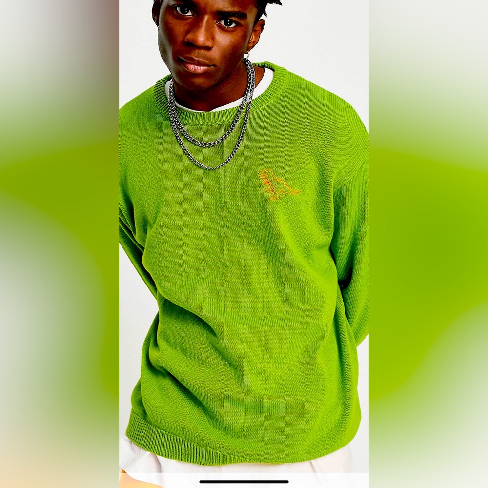 Unisex ASOS DESIGN knitted sweater with t-rex embroidery in green NWT/Ne…